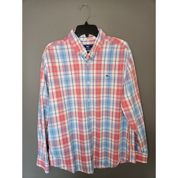 Vineyard Vines Men's L Blue Pink Plaid Long Sleeve‎ Button Down Whale Shirt - Picture 2 of 6
